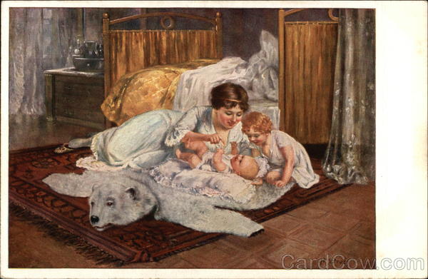 Woman, Child, and Infant on Bearskin Rug Babies