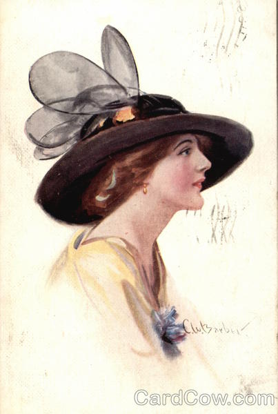 Portrait Profile of Woman in Large Black Hat and Yellow Dress