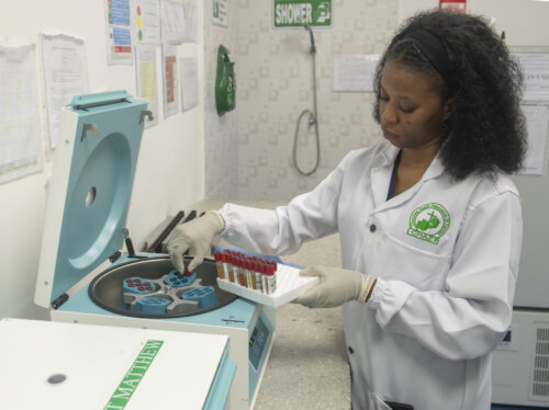 Cynthia Kasonde, a QMS Specialist at CHAZ-Churches Health Association of Zambia (CHAZ) Laboratory conducting a diagnostic test