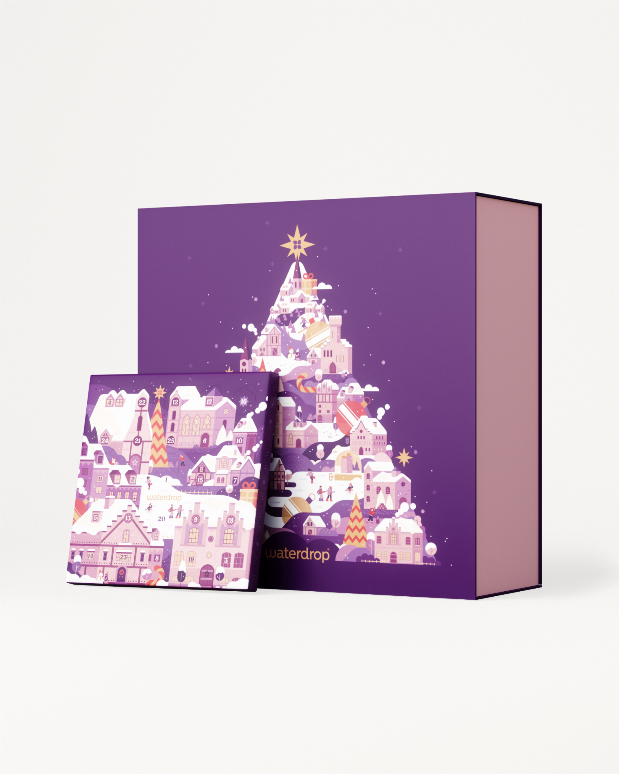 Advent Calendar Set featuring a Christmas tree design, includes Limited Edition accessories and drinkware. Discover fruity flavors behind 50 doors for a hydrated festive season.