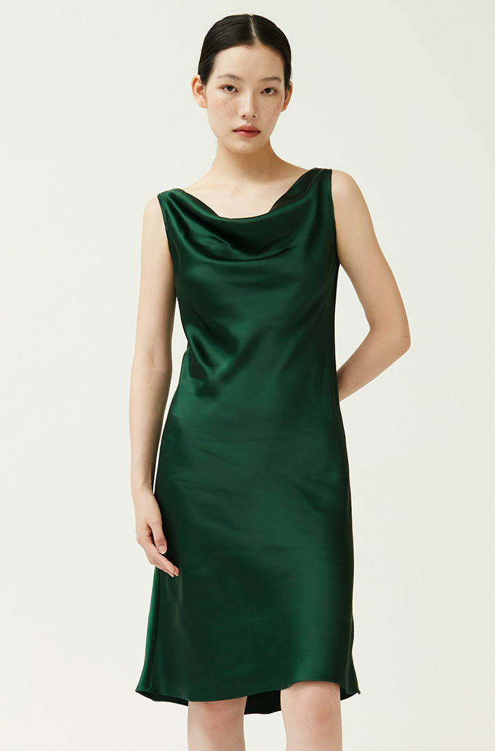 INES COWL NECK SATIN DRESS in Emerald