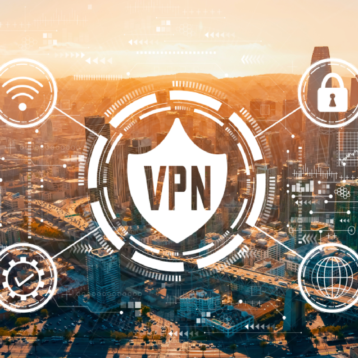 VPN concept with downtown San Francisco skyline buildings