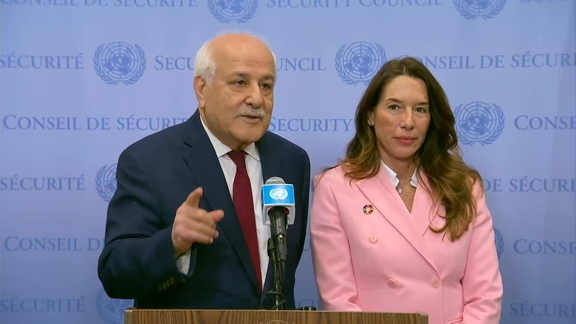 Riyad Mansour (Palestine) and Vanessa Frazier (Malta/President of the Security Council for April) on the admission of new members - Security Council Media Stakeout