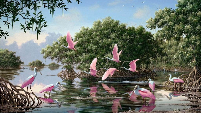 ws_Pink_Spoonbills_Lake_Trees_1366x768 (700x393, 353Kb)