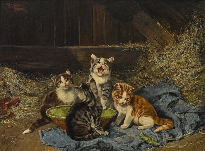 Four Kittens with Grasshopper in a Stable (700x517, 428Kb)