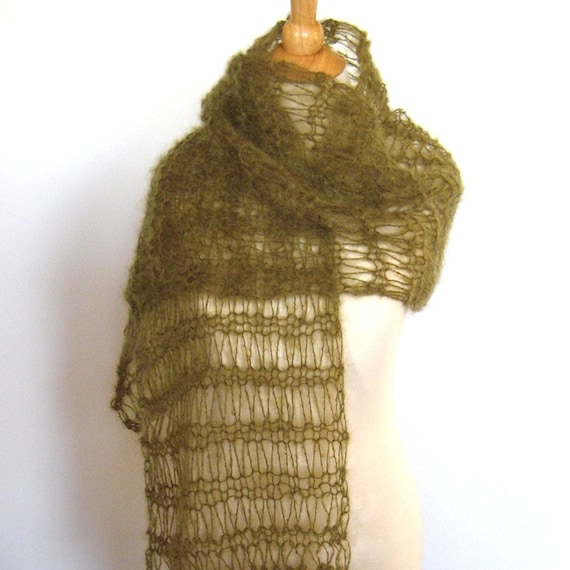 Olive Green Mohair Knit Shawl Wrap Stole -  Luxury Fiber Gift