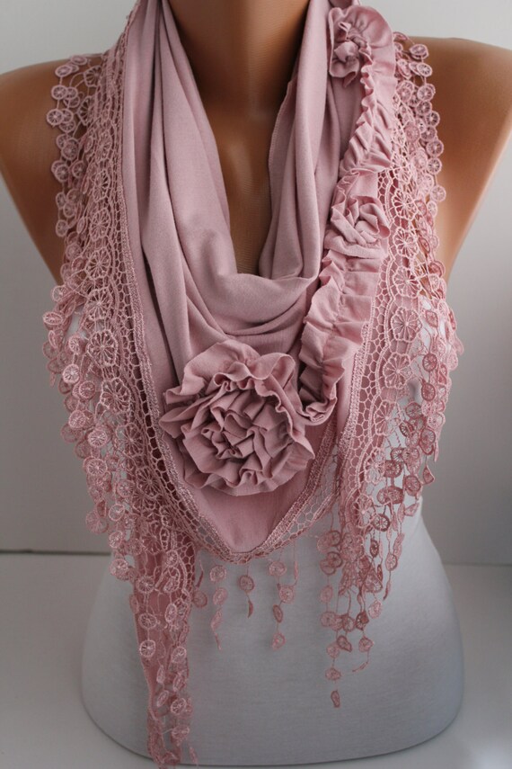 Rose Scarf - Shawl Scarf -  Jersey Shawl-  Lace Scarf - Pale Pink Triangle Scaf -Women's Fashion Accessories DIDUCI