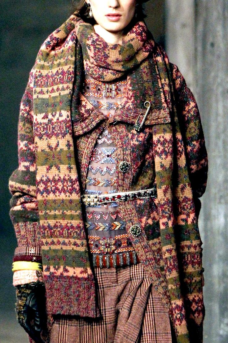 Layered Fair Isle patterns and tweed; Chanel