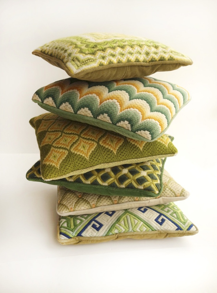 Set of 6 Vintage Bargello/Needlepoint Pillows in Greens