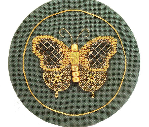 Golden Butterfly cross stitch counted thread with Kreinik gold threads
