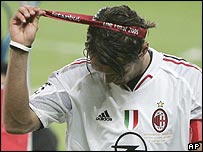 Captain Paolo Maldini shows his disgust after Milan threw away the Champions League final