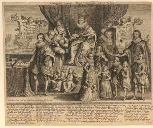    I   1624  (Triumphus Jacobi Regis Augustaeque ipsius Prolis. 1622 Print made by Willem de Passe  The Trustees of the British Museum)