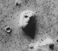 Part of an image of the Cydonia region of Mars taken by the Viking 1 orbiter, depicting the so-called "Face on Mars"