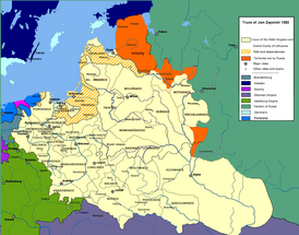 Ям-Запольский мир в 1582, оранжевым цветом обозначена территория переданная Речи Посполитой от Московского государства