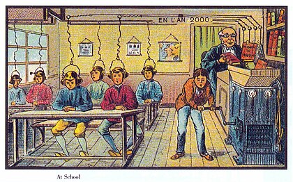 Школа XXI века действует по принципу закачки знаний в мозг. Карикатура из серии: «Франция в XXI веке». Почтовая карточка, 1901