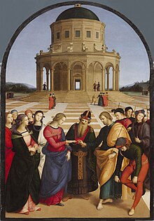 Oil painting. A Jewish Priest stands centrally to join the hands of the Virgin Mary who approaches from the left, followed by maidens and St. Joseph who stands to the right. Behind Joseph are young men who have been unsuccessful in winning Mary’s hand. Joseph carries a flowering branch. Behind them is an open square and circular temple, in perspective.