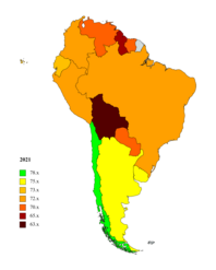 Ожидаемая продолжительность жизни в Южной Америке в 2019 и 2021 годах 