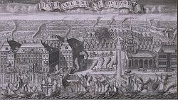 Триумфальный ввод шведских судов в Санкт-Петербург после победы при Гангуте 9 сентября 1714 года. 1714. Офорт, резец