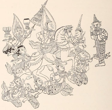 Drawing copied from painting. Prince riding horse, which is lifted by four figures with crowns on their head, and surrounded by another four figures with crowns, some of them with half-animal, half-human faces.