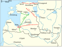 Three Russian campaigns are visible in 1558, 1559 and 1560, all from east to west. One Polish–Lithuanian campaign in 1561 is shown advancing up the central part of Livonia. Refer to the text for details.