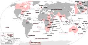 Территории, когда-либо бывшие частью Британской империи. Названия Британских заморских территорий подчёркнуты красным