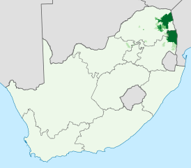 Распространение свати в ЮАР, доля населения, говорящего на тсонга дома:  0–20%  20–40%  40–60%  60–80%  80–100%