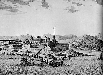 Вид на Сан-Жоржи-да-Мина с моря в 1668 году