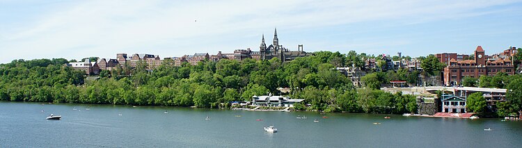 Wide-angle view of the campus running along the Potomac River