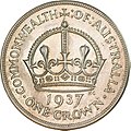VI. György 1937-es ausztrál ezüst 1 crown-ja hátoldala az Imperial State Crown ábrázolásával.