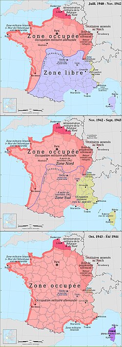 The zone occupée: German (red) and Italian (yellow) occupation zones of France, the zone libre, the zone interdite, the Military Administration in Belgium and Northern France, and annexed Alsace-Lorraine