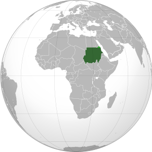 Судан на карте мира. Светло-зелёным обозначена спорная территория т. н. «Халаибского треугольника»