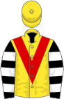 Yellow, red sash, black and white hooped sleeves, red cap