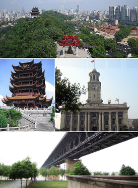 Сверху вниз, слева направо: панорама города с Башни жёлтого журавля, Башня жёлтого журавля (р-н Учан), таможня Цзянханьгуань (р-н Цзянхань), мост через реку Янцзы