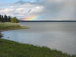 A rainbow hanging over Yellowstone Lake