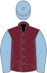 Claret, light blue sleeves and cap