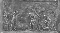 «Изгнание Адама и Евы», фрагмент изображения на дверях Бернварда[en] в Хильдесхаймском соборе