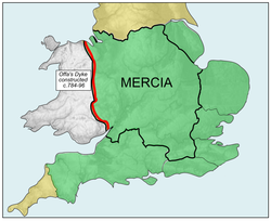 Kerajaan Mercia (garis tipis) dan wilayah kerajaannya pada masa Sumpremasi Mercia (hijau)