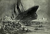 "Untergang der Titanic", a painting showing a big ship sinking with survivors in the water and boats