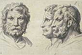 Three lion-like heads; by Charles Le Brun; c. 1671; black chalk, pen and ink, brush and gray wash, white gouache on paper; 21.7 × 32.7 cm