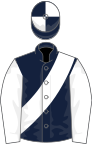 Dark blue, white sash and sleeves, quartered cap