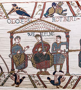 Роберт де Мортен вместе с Вильгельмом Завоевателем и Одо, епископом Байё. Фрагмент ковра из Байё