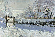 The Magpie, 1868–1869. Musée d'Orsay, Paris; one of Monet's early attempts at capturing the effect of snow on the landscape. شوف كمان Snow at Argenteuil.