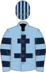 Light blue, dark blue cross of Lorraine, hooped sleeves, striped cap