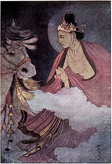 Horse and man standing and looking at each other, both extensively decorated with jewelry, man wearing cape
