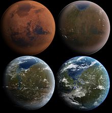 Artist's impression of the hypothetical phases of the terraforming of Mars