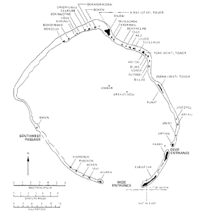 Map of Enewetak Atoll. The coral reef gives the atoll a circular shape. Most of the islands are at the northern end, including the three used as test sits. The main island of Enewetak is in the south.