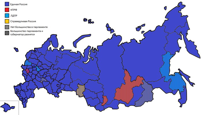 Карта партийной принадлежности губернаторов и партий с большинством в региональных парламентах после выборов в сентябре 2018 года.