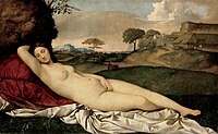 Джорджоне-Тициан. Спящая Венера. 1508—1510. Холст, масло. Галерея старых мастеров, Дрезден