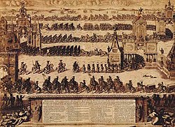 Торжественное вступление русских войск в Москву после Полтавской победы 21 декабря 1709 года. 1711. Офорт, резец