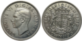 VI. György 1937-es brit ezüst 1 crown-ja (1/4 font sterling) elő- és hátoldala. Átmérője 38 mm.